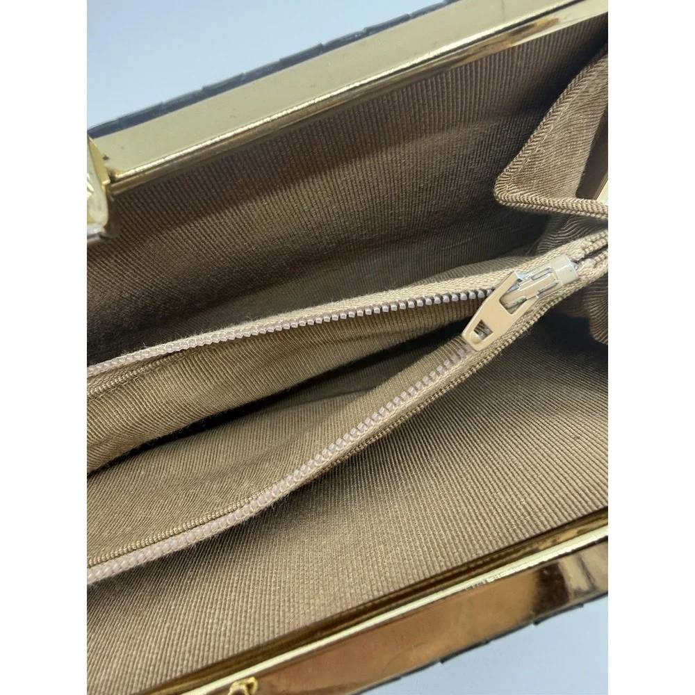 Vintage Shirl Miller Ltd Black Woven Leather Clutch Purse Gold Frame Made in USA